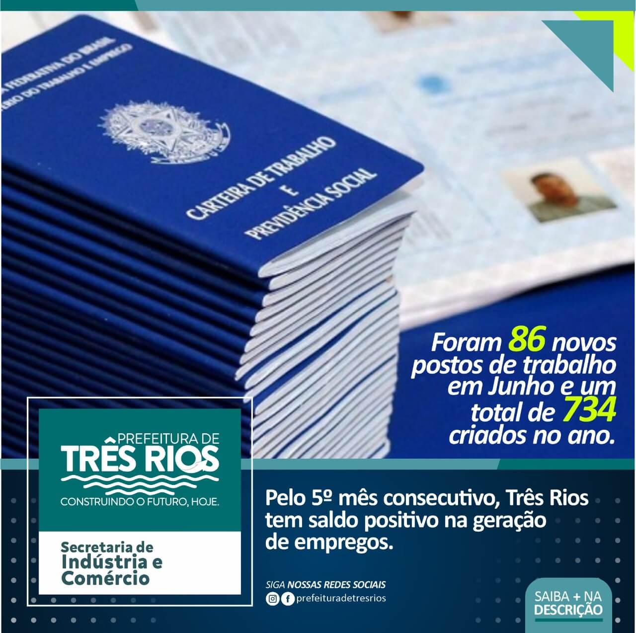 Pelo quinto mês consecutivo Três Rios tem saldo positivo na geração de empregos