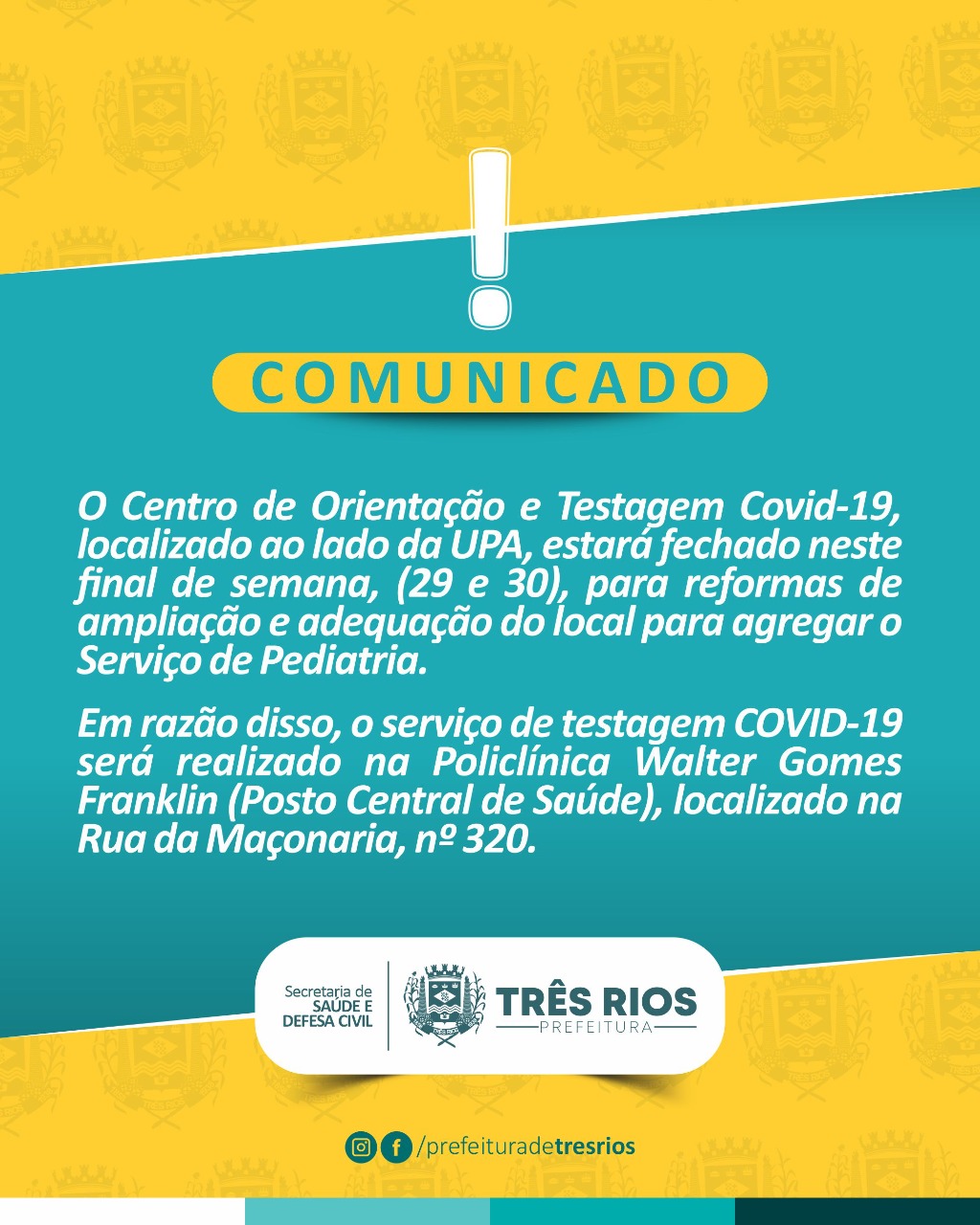 Centro de Orientação e Testagem Covid-19 passará por reformas e exames serão feitos no Posto de Saúde Central neste final de semana
