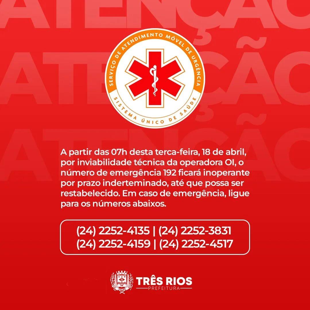 Prefeitura de Três Rios informa mudança nos números do SAMU