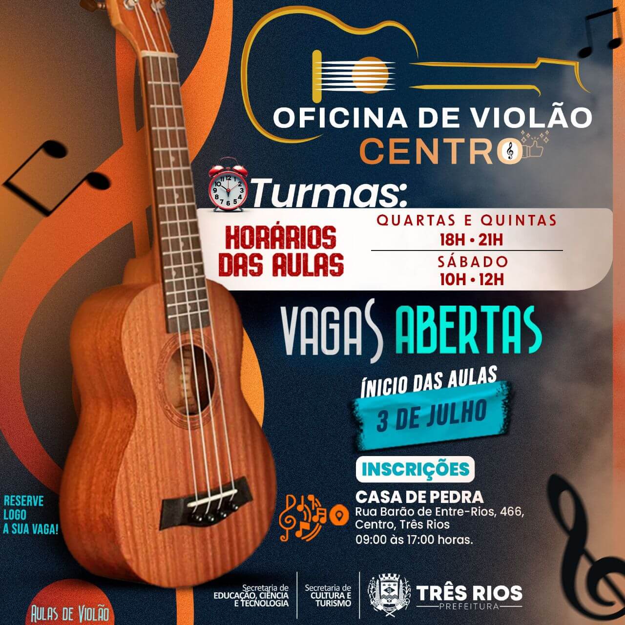 Prefeitura de Três Rios abre vagas para oficinas gratuitas de violão