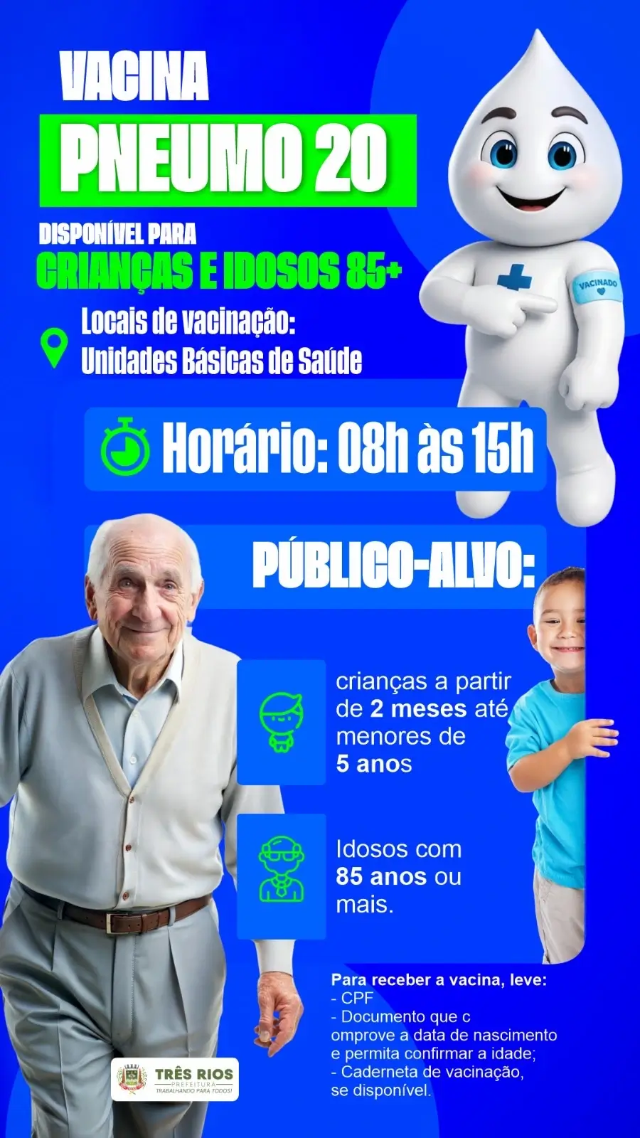Vacina Pneumo 20 está disponível para crianças e idosos a partir de 85 anos nas UBS de Três Rios